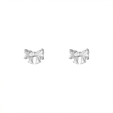 Po S999 Sterling Silver Zircon Bow Earrings – Sweet Princess Style Cute Studs for Women